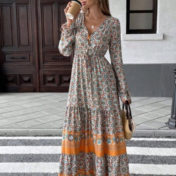New Casual Patchwork Full Print Short Sleeve Dress Maxi Women Outfit Fall C - Picture 3 of 4